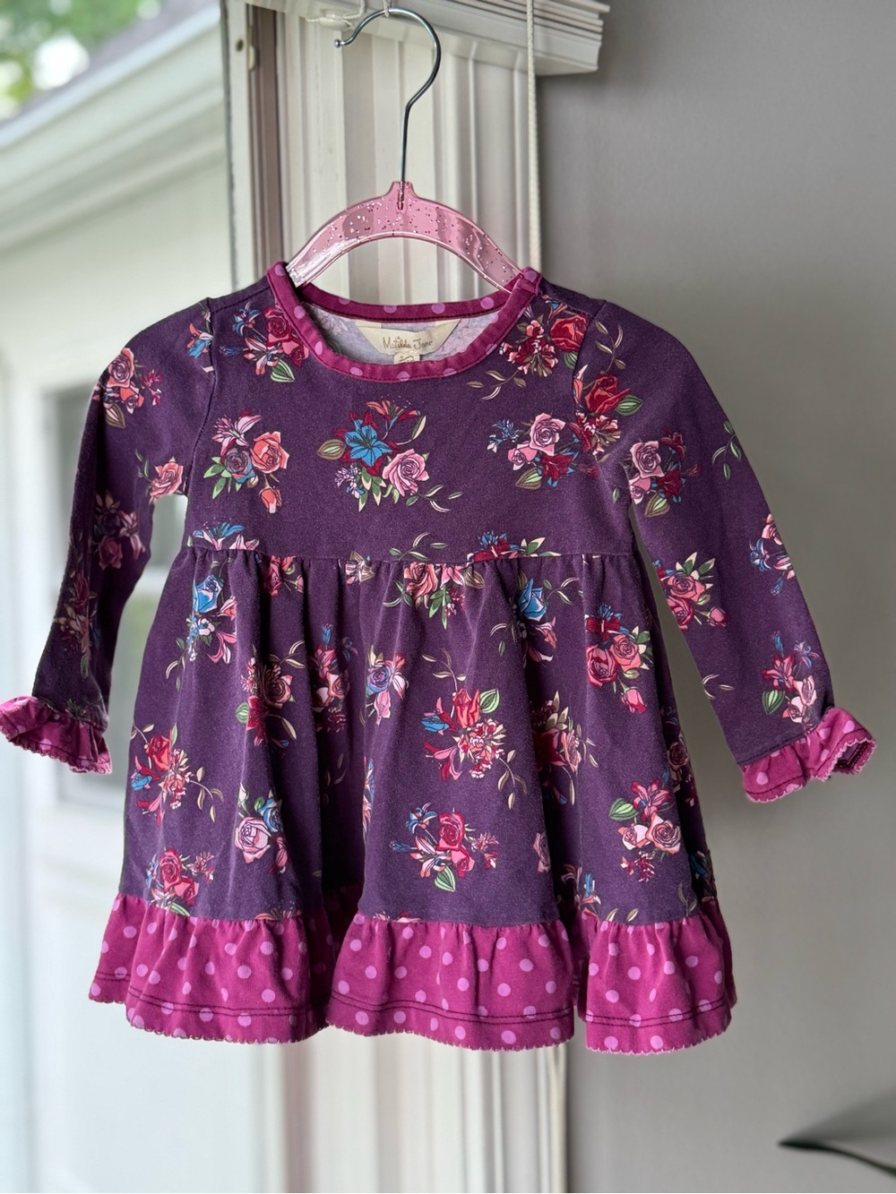 +NWOT Matilda Jane Baby Girl Purple Floral Rose Ruffle Dress Top 6-12 Months